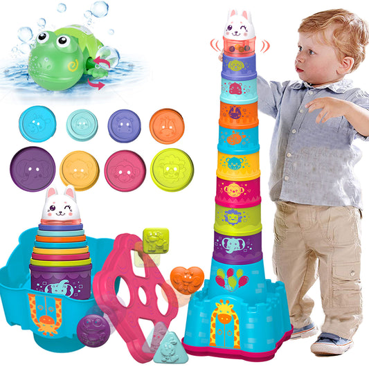wowohage Baby Stacking & Shape Sorting Toy Set – Sensory Cups with Rattle & Bonus Frog Toy (12 Months+)