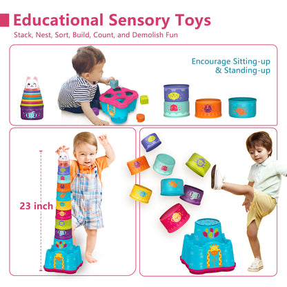 wowohage Baby Stacking & Shape Sorting Toy Set – Sensory Cups with Rattle & Bonus Frog Toy (12 Months+)