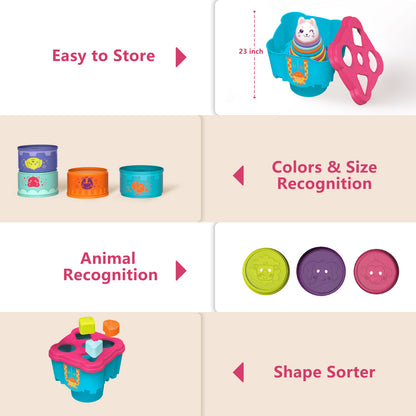 wowohage Baby Stacking & Shape Sorting Toy Set – Sensory Cups with Rattle & Bonus Frog Toy (12 Months+)